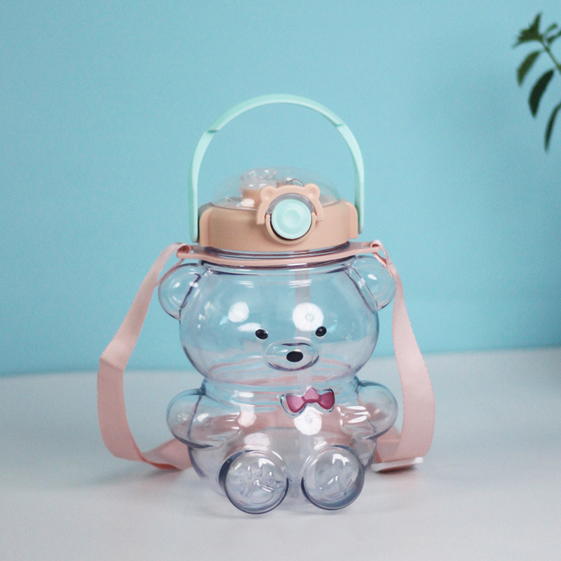 Summer Cute Straw Double Drink Big Belly Cup Student Super Cute Bear Cup Girl Child's Plastic Water Cup Wholesale