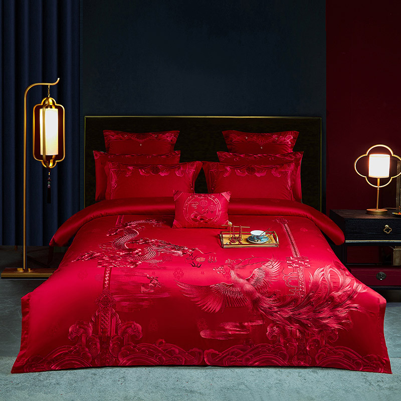 新品 高端轻奢160支双股贡缎长绒棉绣花大红四件套全棉婚庆六件套