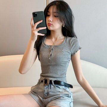 跨境外贸修身韩国ins泫雅风短款纯色短袖t恤夏装色纽扣女学生上衣