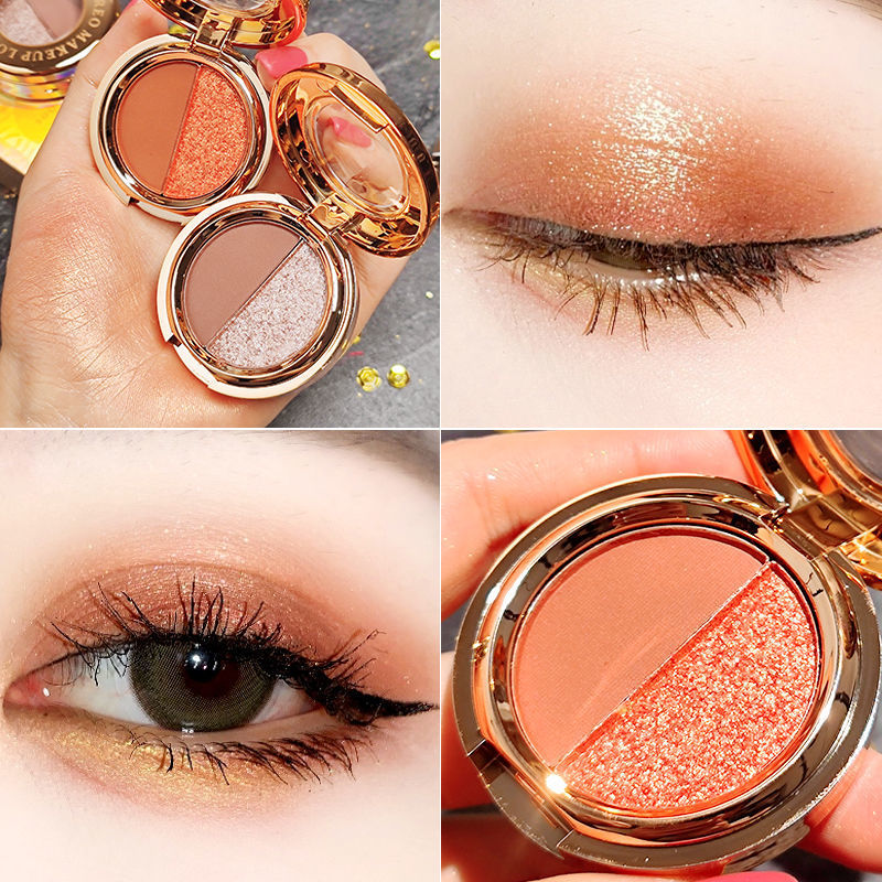 初春暖橘色双色懒人眼影眼部修饰色孕妇可用色哑光橘底金闪眼影美