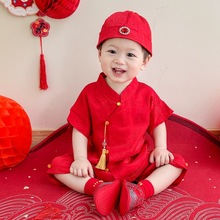 夏季新品宝宝真丝套装婴幼童中式百天周岁生日宴礼服国风唐装抓周