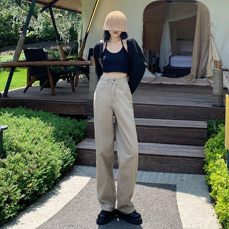 American Retro Brown Khaki Jeans for Women Spring/Summer 2023 New High Waist Slimming and Wide Leg Straight Mopping Pants