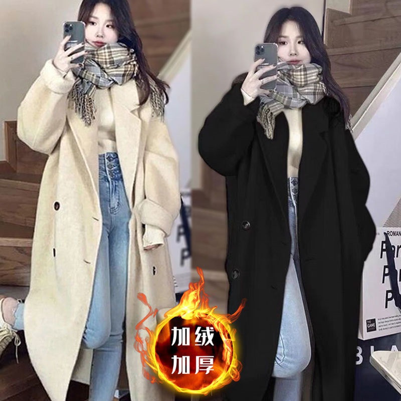 韩系毛呢外套女夹棉加里新款秋冬季小个子宽松中长款加厚大衣