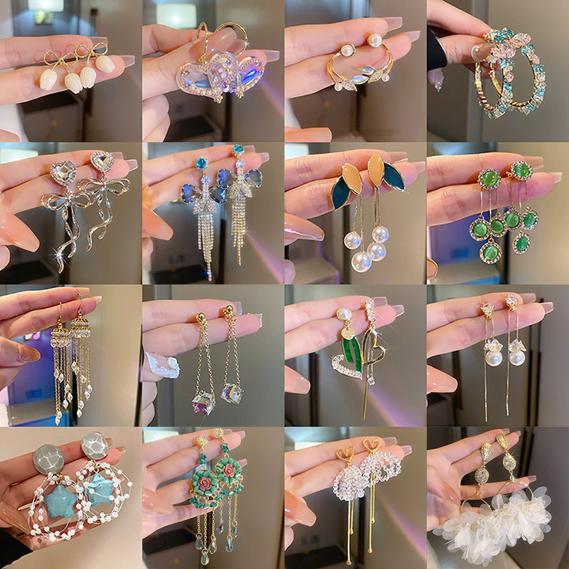 Silver Needle Fashion Crystal Diamond Flower Tassel Earrings Unique Design Pearl Earrings Niche Temperament Earrings for Women