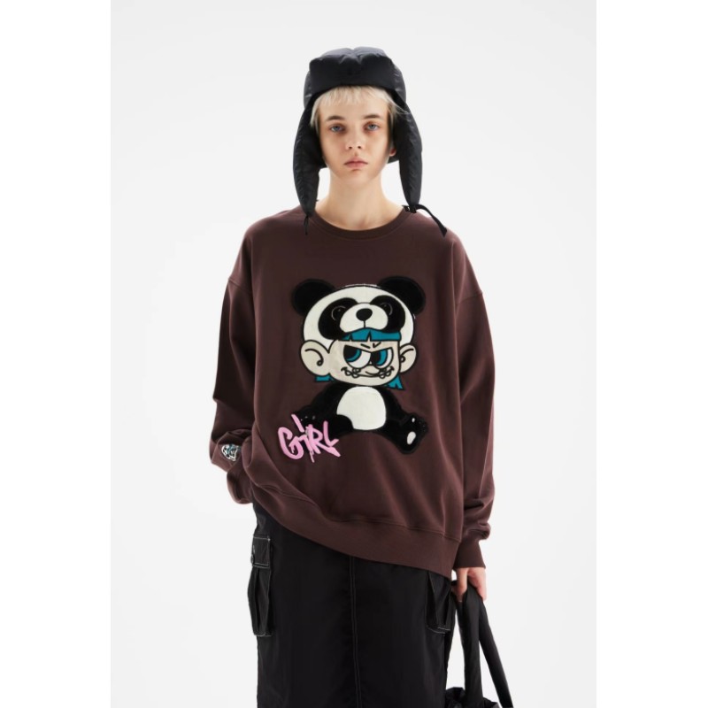 aimeewq纸袋家秋季新款纯棉卡通熊猫重工贴布刺绣长袖圆领卫衣女