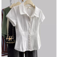 法式白色蕾丝短袖衬衫女夏夏季2024新款小个子衬衣polo领修身上衣