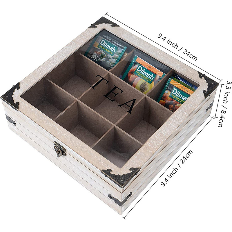 Wooden Box Wooden Tea Bag Storage Box with Grid Tea Storage Box Coffee Box Flip Wooden Box Packaging Storage Wooden Box Set