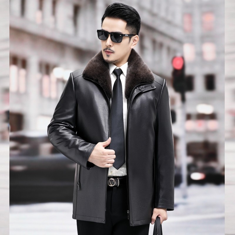 中老年男士皮大衣皮袄绵羊皮真皮尼克服狐狸毛领可拆卸獭兔毛内胆