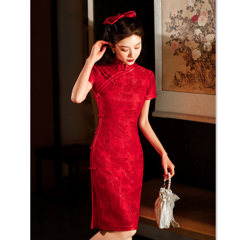 复合蕾丝刺绣单层低开叉旗袍2023夏季新款新娘红装结婚旗袍敬酒服