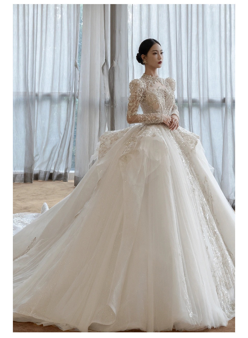 主婚纱长袖婚纱2021新款冬季新娘主高端大拖尾复古宫廷风质感代发