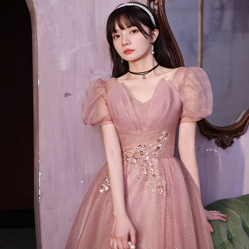 粉色晚礼服女长款简约少女气质平时可穿年会生日艺考声乐裙2023款