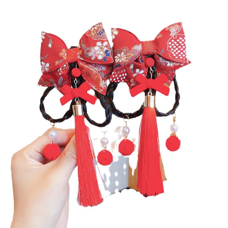 New Year Chinese Style Bow Braid Children Antique Hairpin Baby Wig Hair Accessories Headdress for Han Chinese Clothing Wholesale