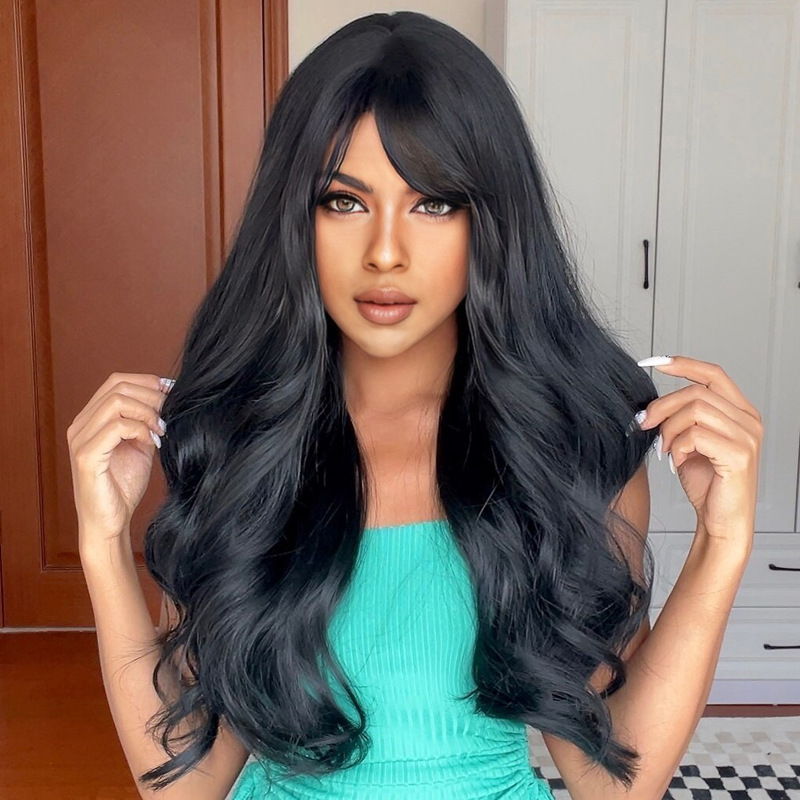 跨境外贸假发女长发欧美新品黑色斜刘海长卷发机制全头套wig批发