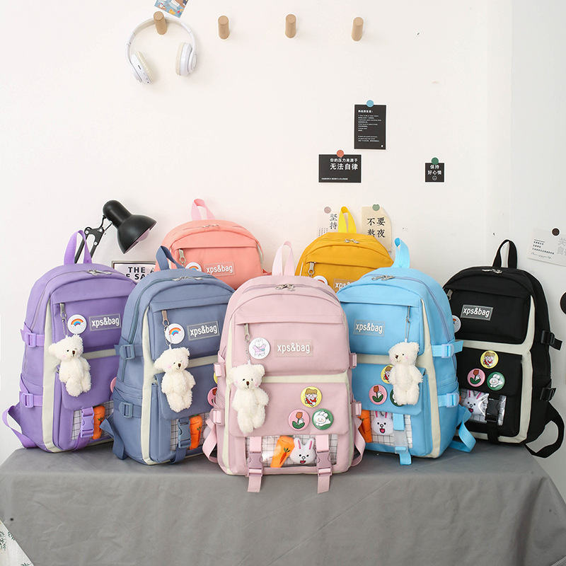 Four-Piece Student Schoolbag Primary School Girls Junior High School Student High School Backpack College Student Canvas Contrast Color Backpack