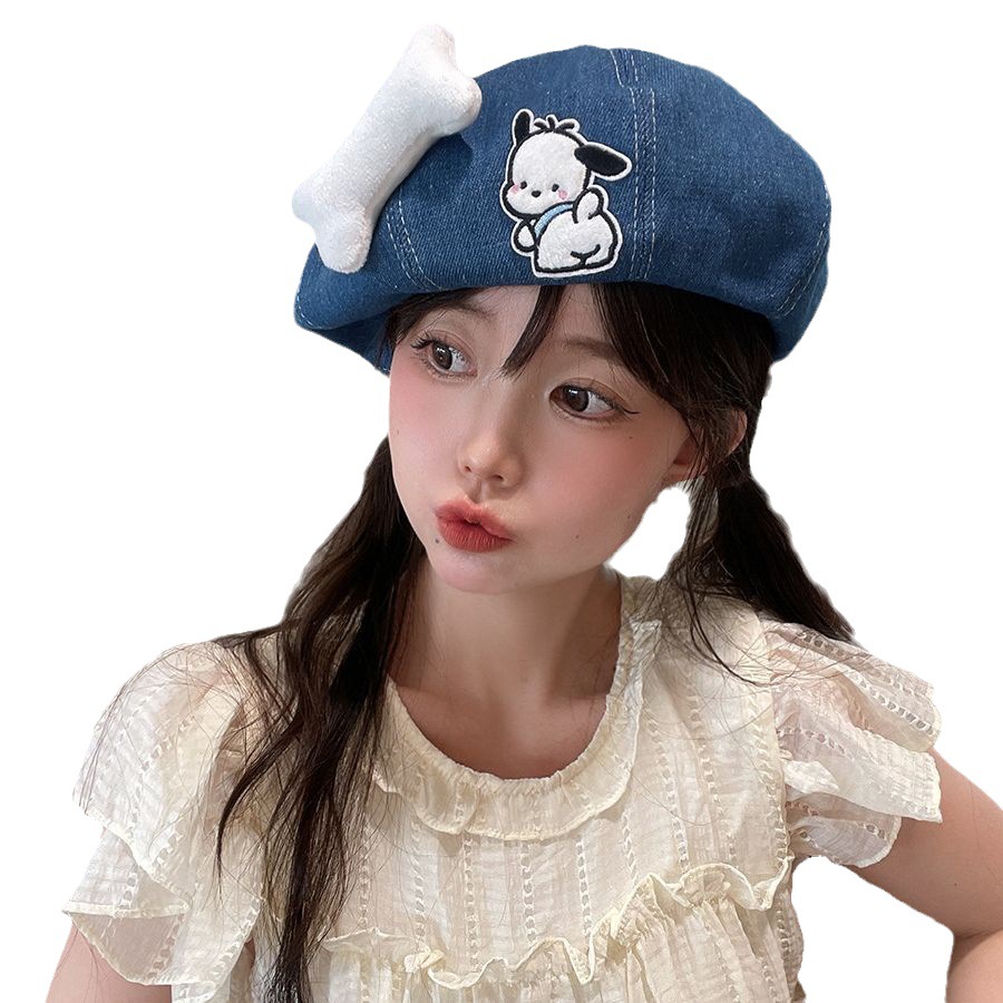 Big Bones Cute Puppy Denim Beret Summer Y2g Hot Girl Big Head Show Face Small High Skull Top Painter Cap