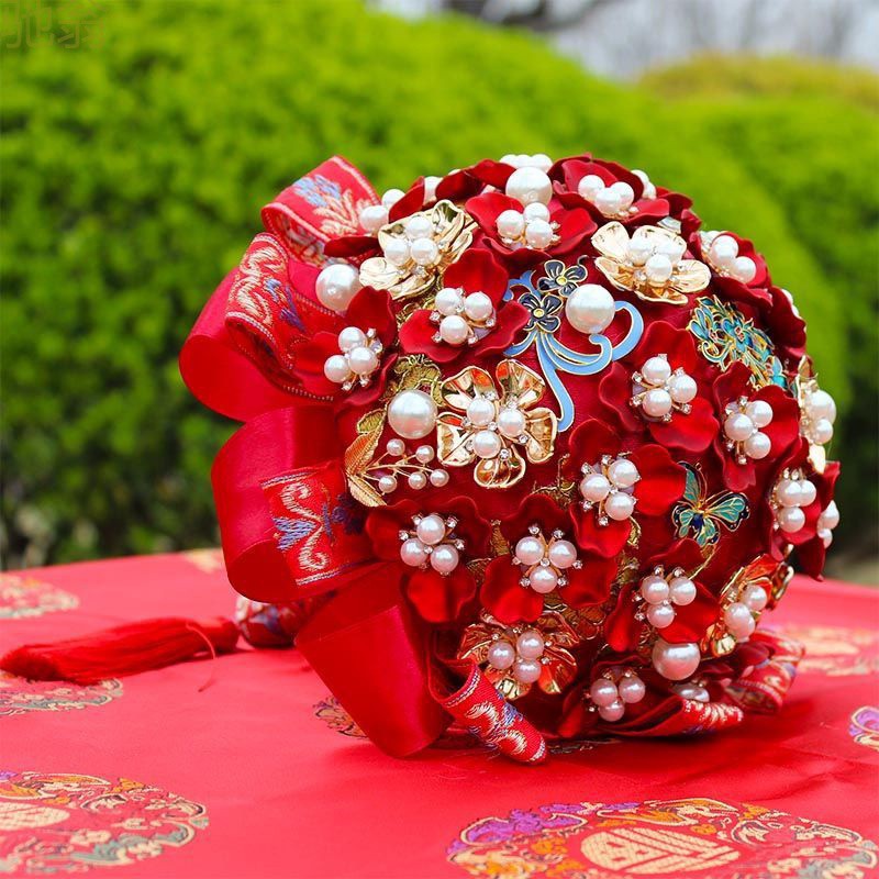 miq中式秀禾红手工贝壳珍珠新娘手捧花diy材料包结婚送闺蜜礼物婚
