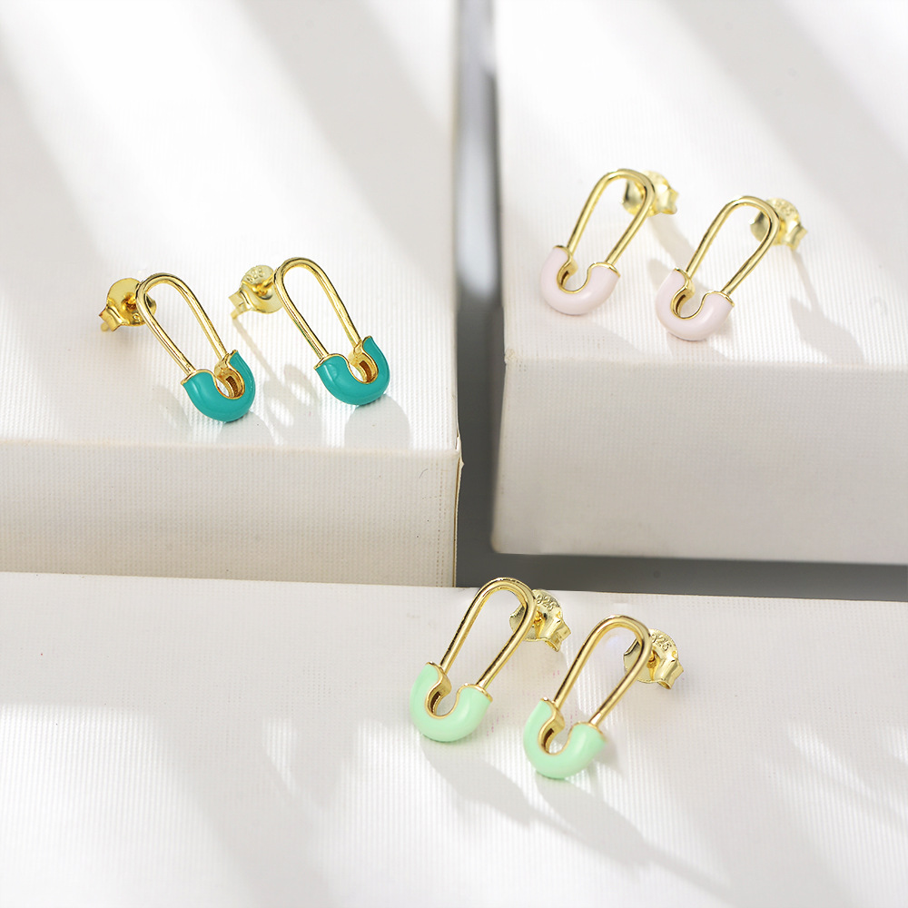 s925纯银简约回形针耳钉女欧美ins个性小众设计感滴胶耳环银耳饰