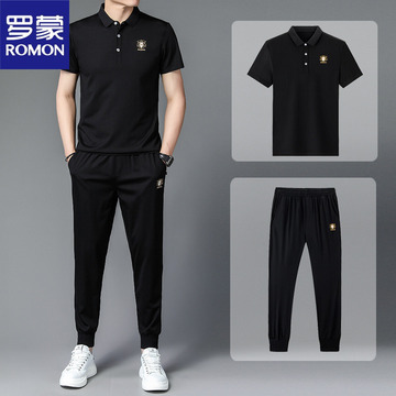 罗蒙春夏休闲运动套装两件套青年长裤春季短袖t恤男运动套装-阿里巴巴