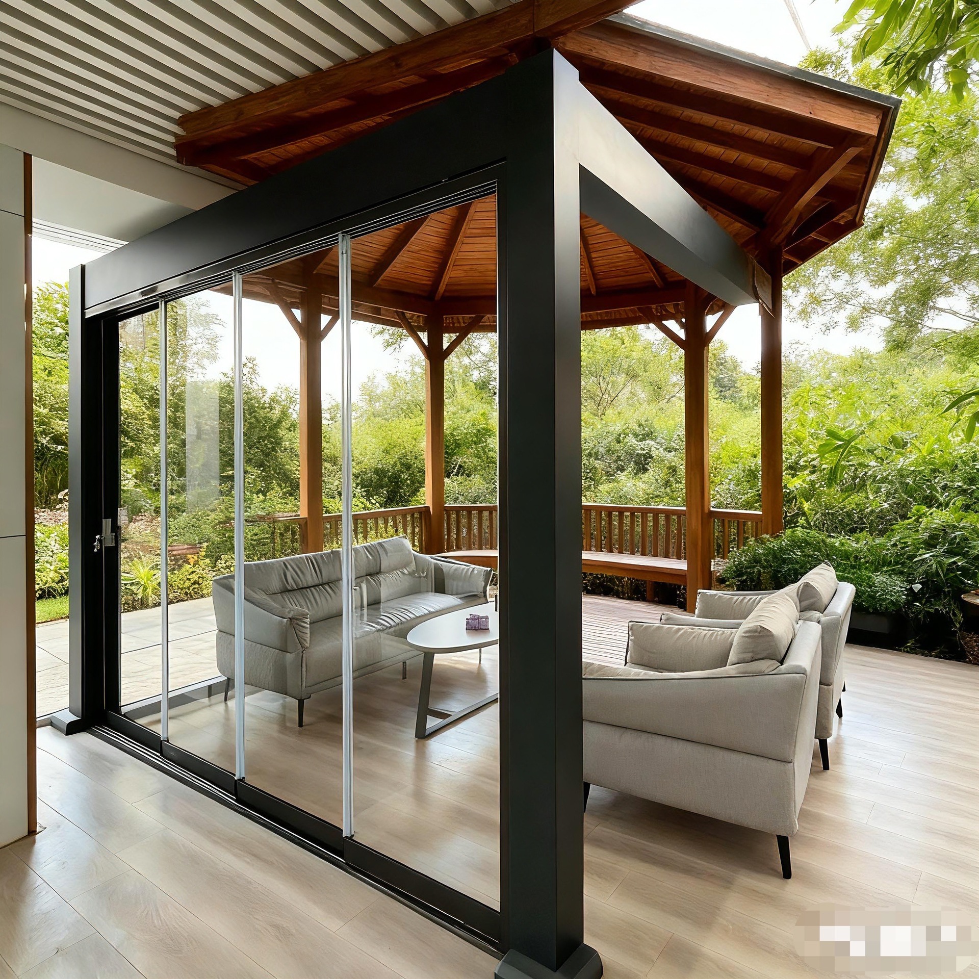 《只供出口》户外雨棚凉亭无框玻璃推拉门阳光房铝合金单双开移门