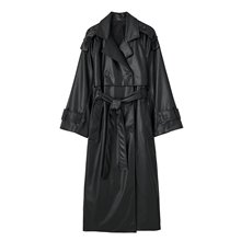 2023冬季新品欧美跨境女装黑色中长款气质仿皮宽松PU腰带风衣外套