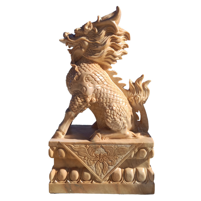 批发石雕火麒麟一对看门镇宅晚霞红汉白玉青石中式庭院看门口瑞兽