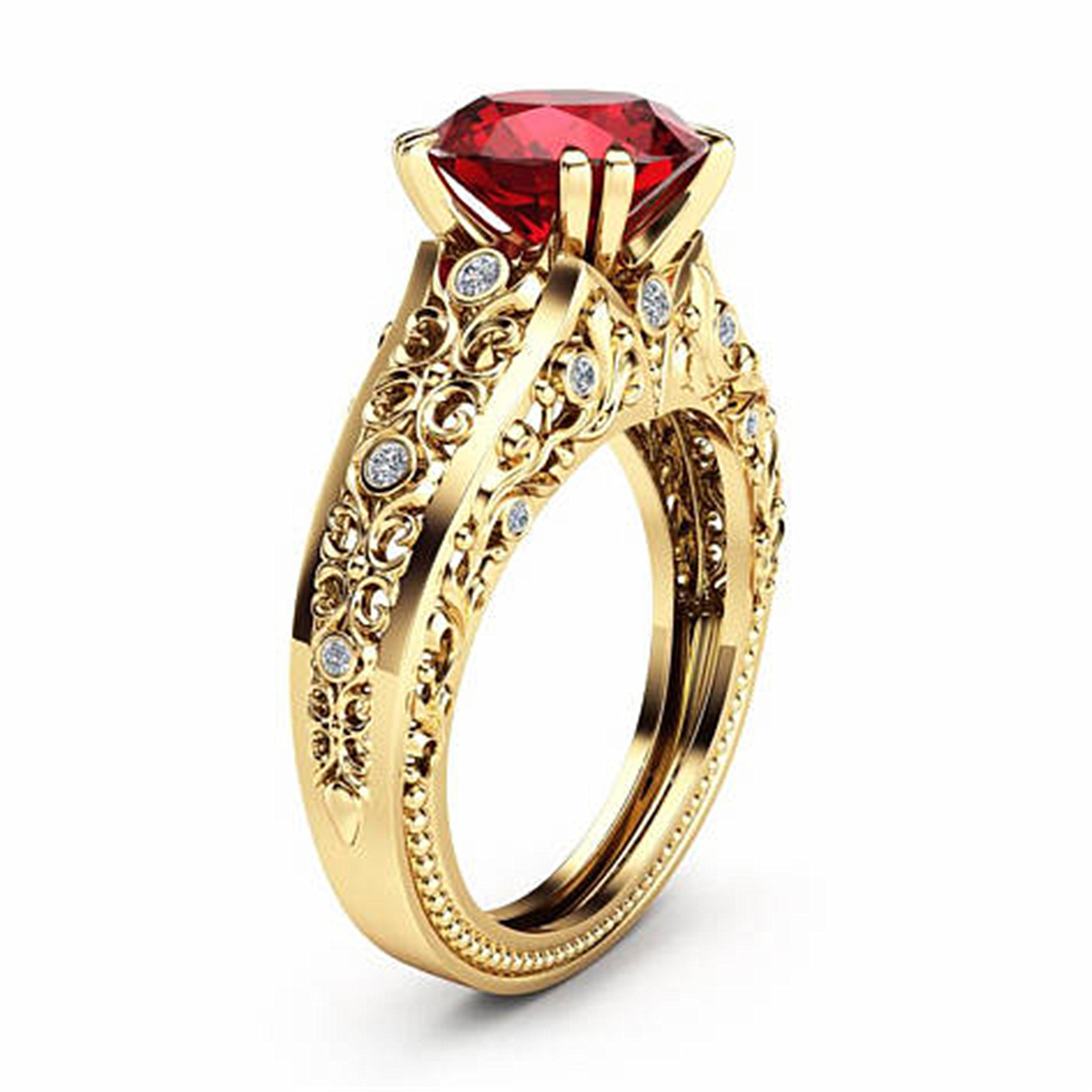 wish跨境热卖指环镀黄金花纹戒指女 彩宝石水晶锆石戒指国际货源