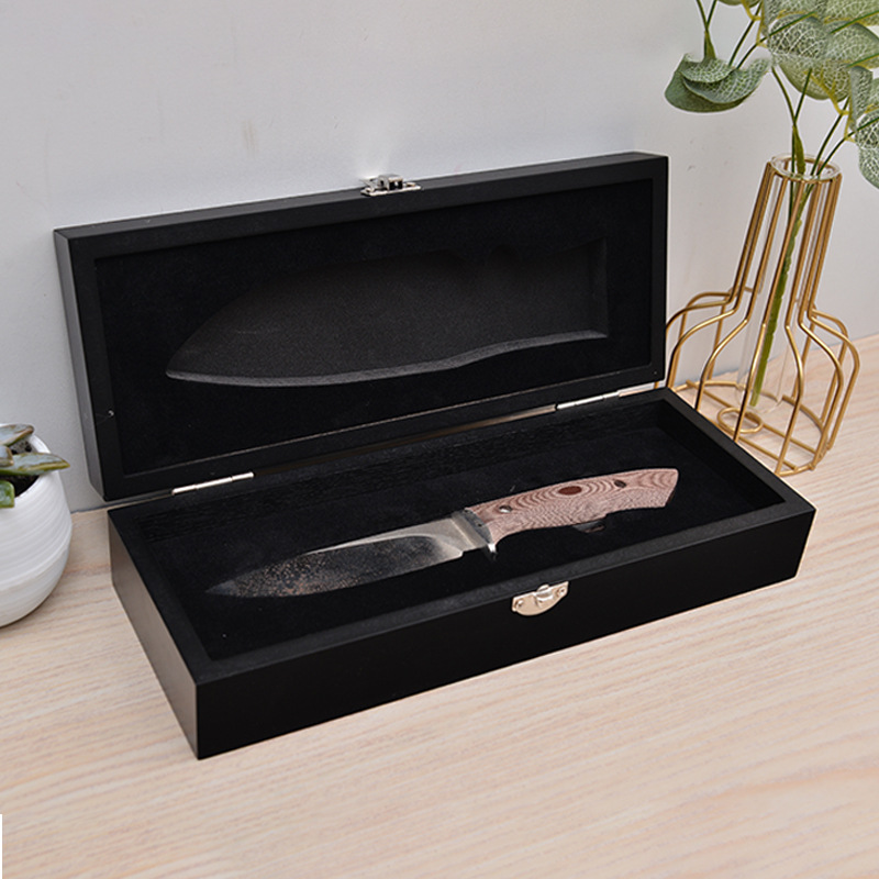 木质刀盒刀具收纳木盒水果刀礼品盒木质带锁翻盖黑色刀具包装盒
