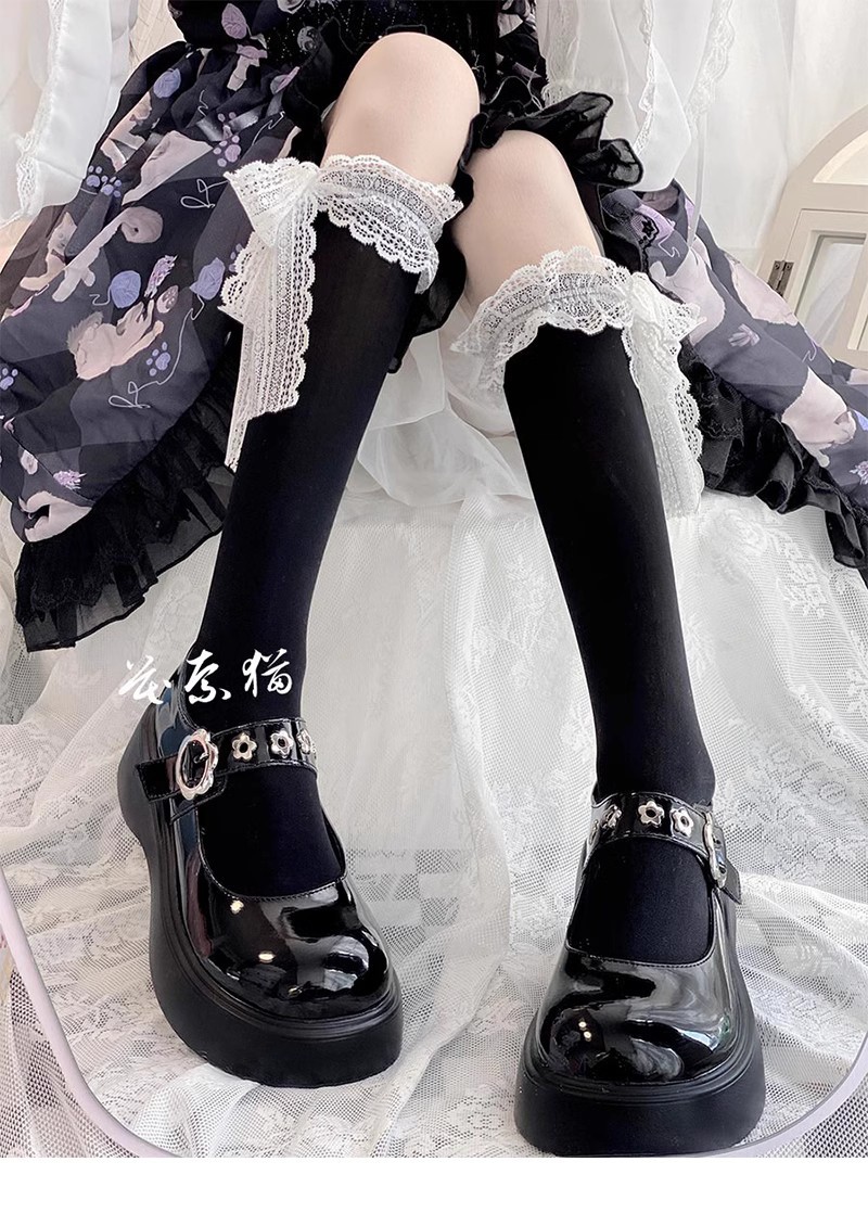 白色长筒袜子女日系夏季薄款天鹅绒系带蕾丝花边膝下洛丽塔小腿袜