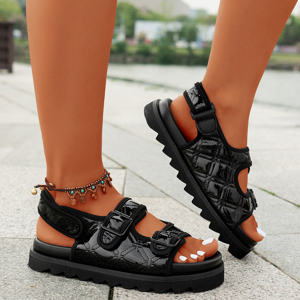 2023 Summer Cross-Border New Arrival Women's Beach Sandals European and American Outer Wear Foreign Trade Large Size Open Toe Sequins European and American Women's Shoes