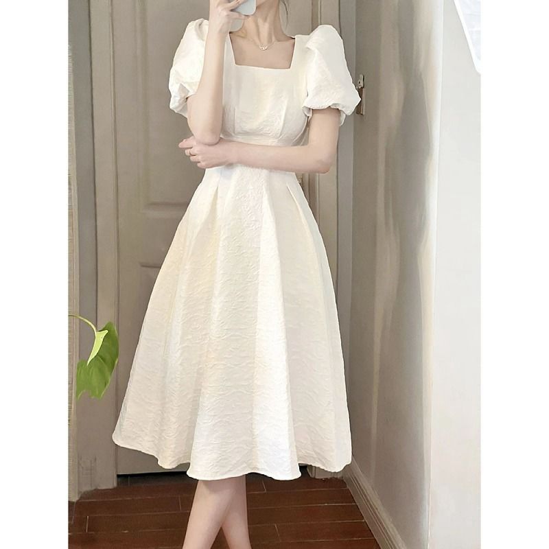 6615# French First Love White Swing Long Dress Summer Women's Clothing Square-Neck Cinched Slimming Elegant Dress