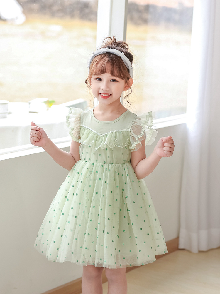 女童公主裙新款绿色波点飞袖儿童纱裙子洋气宝宝裙子小女孩公主裙
