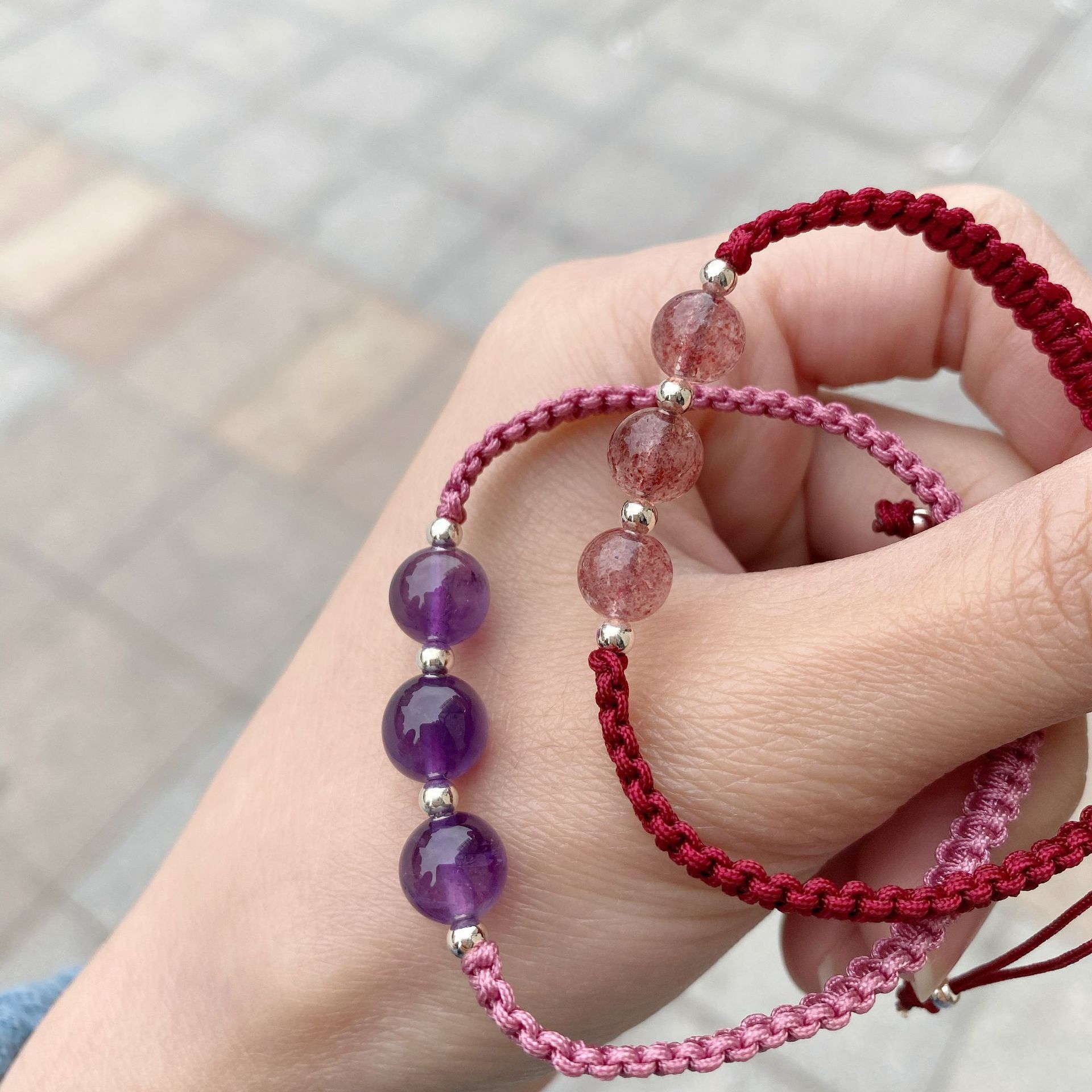 福利引流 手工编绳手链天然水晶草莓晶紫水晶单珠手串 礼物代发