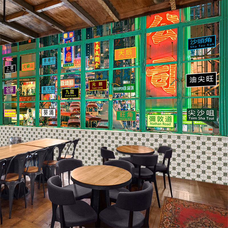 3d港式茶餐厅奶茶店墙纸香港街景建筑冰室壁画港风换装自拍馆壁纸