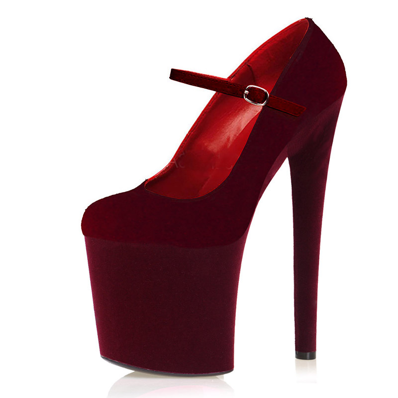 20cm性感绒面酒红色单鞋恨天高防水台夜店高跟鞋钢管舞走秀大码女