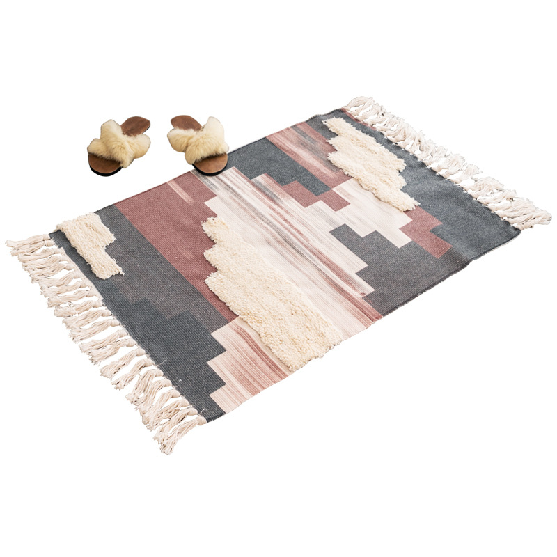 Nordic Retro Cotton and Linen Tufted Floor Mat Bedroom Bedside Floor Mat Living Room Sofa Coffee Table Indian Handmade Tassel Carpet