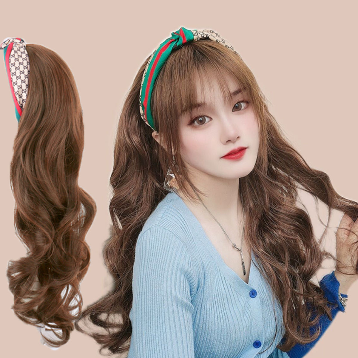 懒人发箍假发女一体长发网红黑大波浪卷全半修饰脸型式空气刘海黑