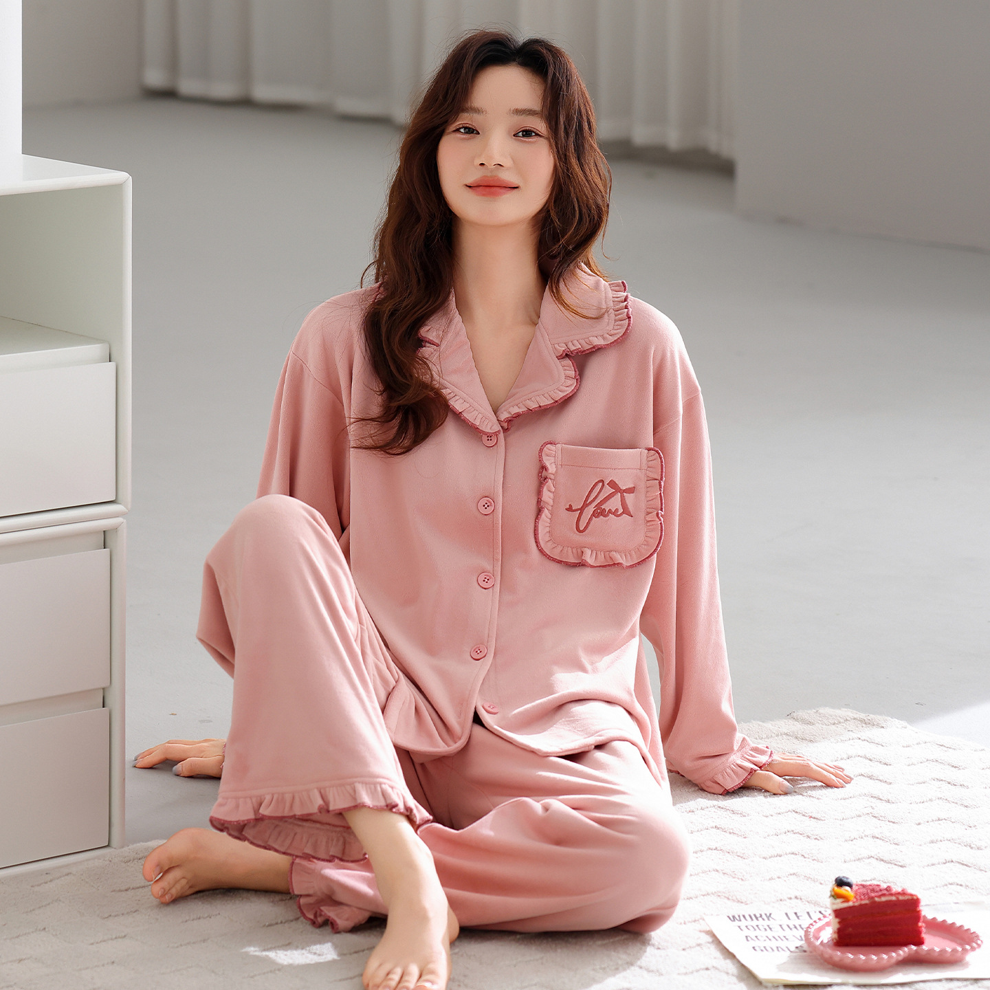 海岛绒软糯长袖女士家居服套装翻领开衫少女减龄秋冬保暖百搭时尚