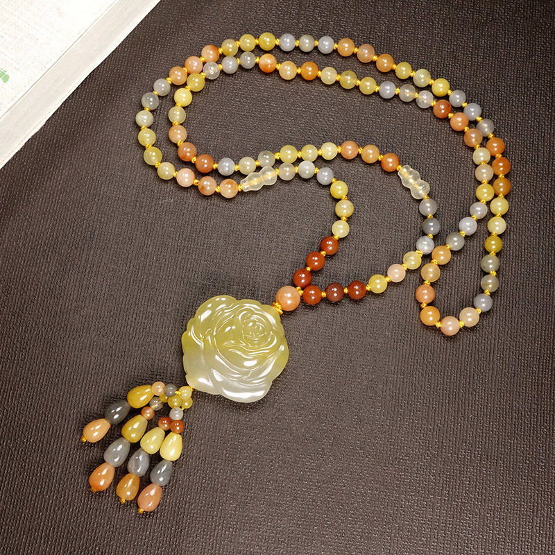 新疆和田玉金丝玉转运编织玫瑰花毛衣链女款闺蜜多宝三彩挂件项链