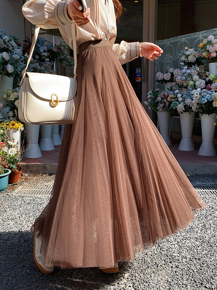 加长垂感网纱半身裙女春季遮肚子显瘦大摆伞裙百褶长裙字沙纱裙