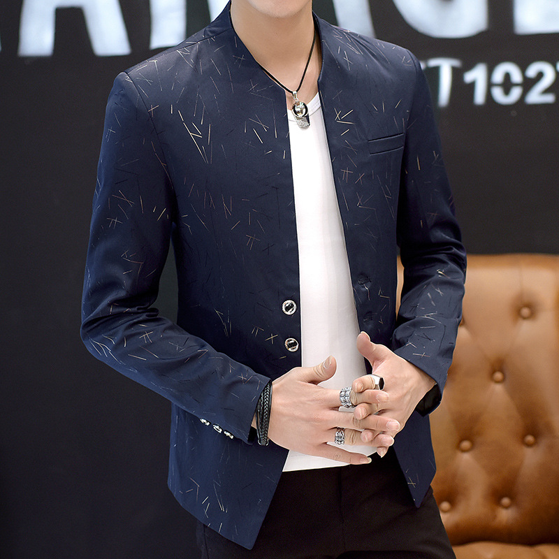西服男休闲韩版帅气潮流修身个性印花小西装外套发型师春秋上衣