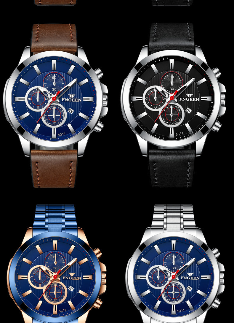 芬尊/fngeen新款男士跨境手表商务皮带表日历男表蓝色六针石英表