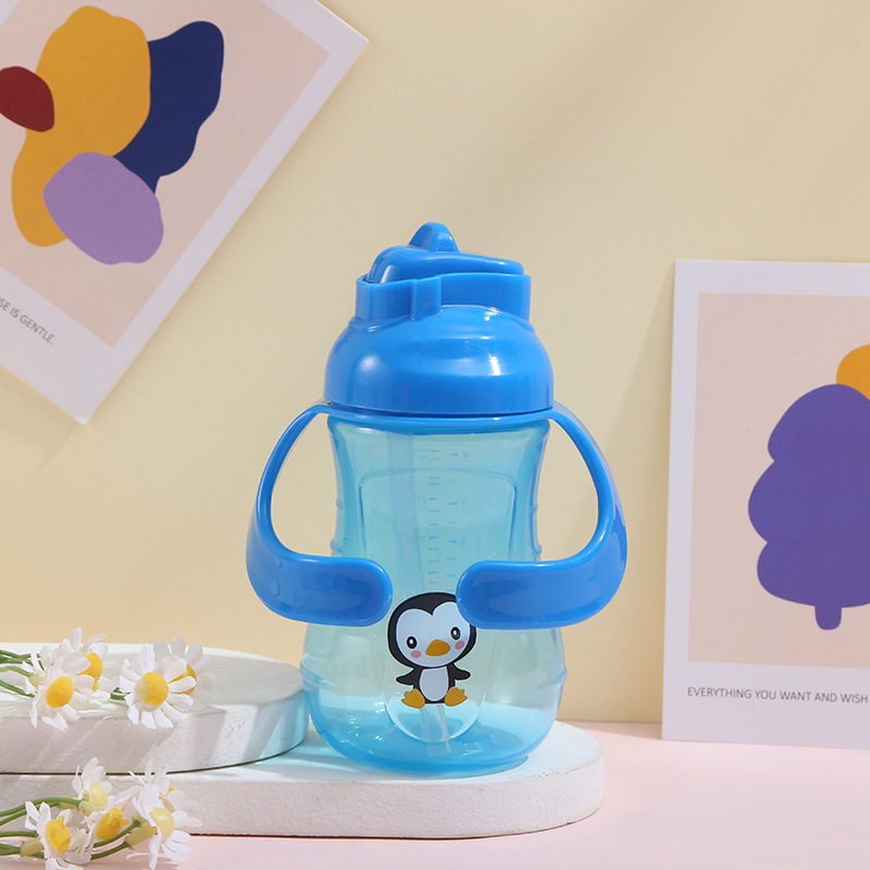 Cartoon Straw Water Cup Plastic Shatter Proof with Handle Children's Milk Bottle Anti-Flatulence Baby and Infant Newborn Bottle Portable