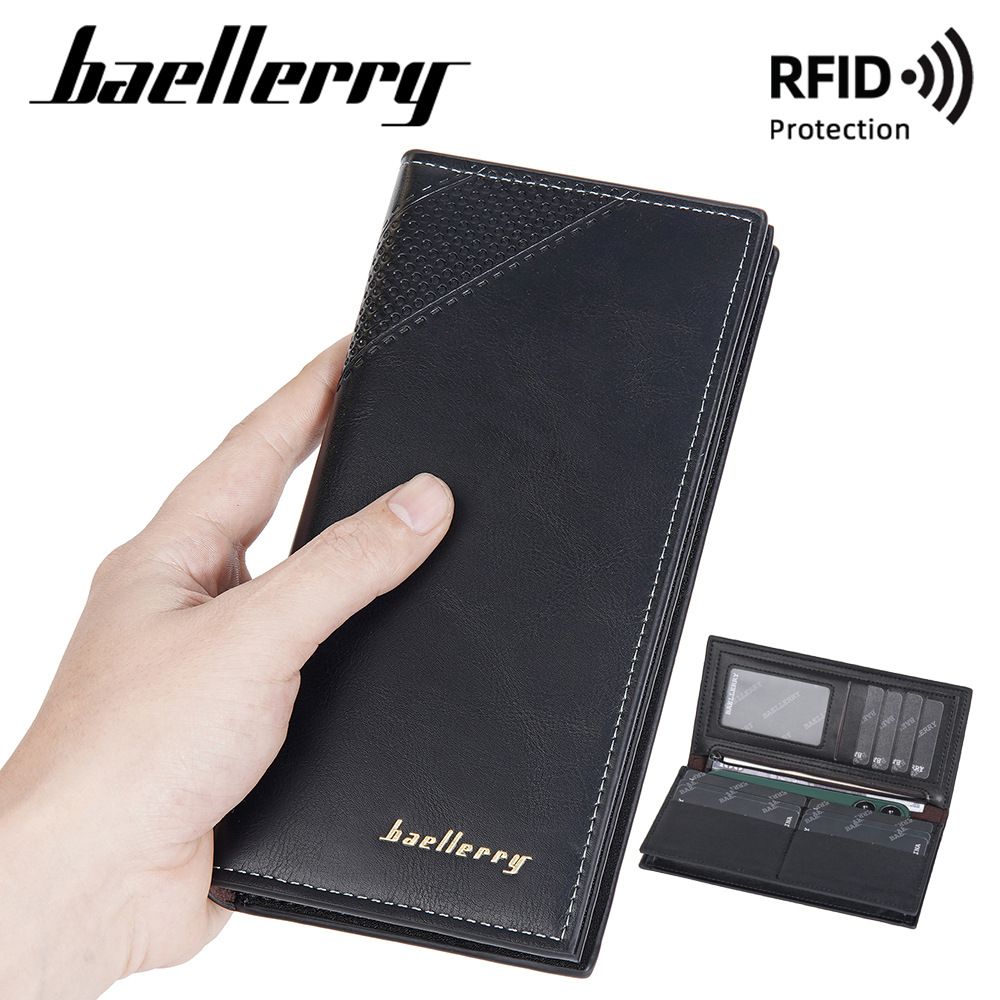 新款男士长款钱包 baellerry欧美复古RFID多卡位敞口钱夹青年皮夹