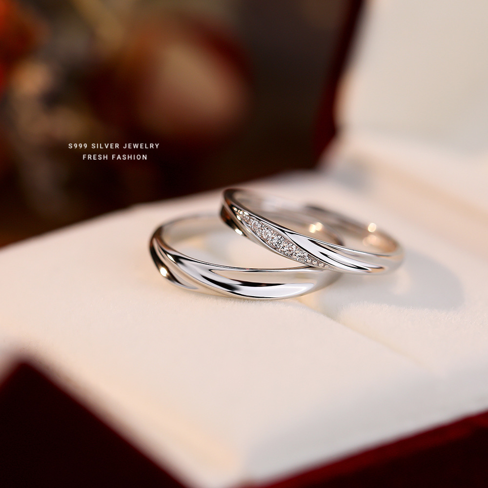 s999 pure silver qixi love simple wave texture valentine‘s day couple rings micro inlaid zircon couple open rings