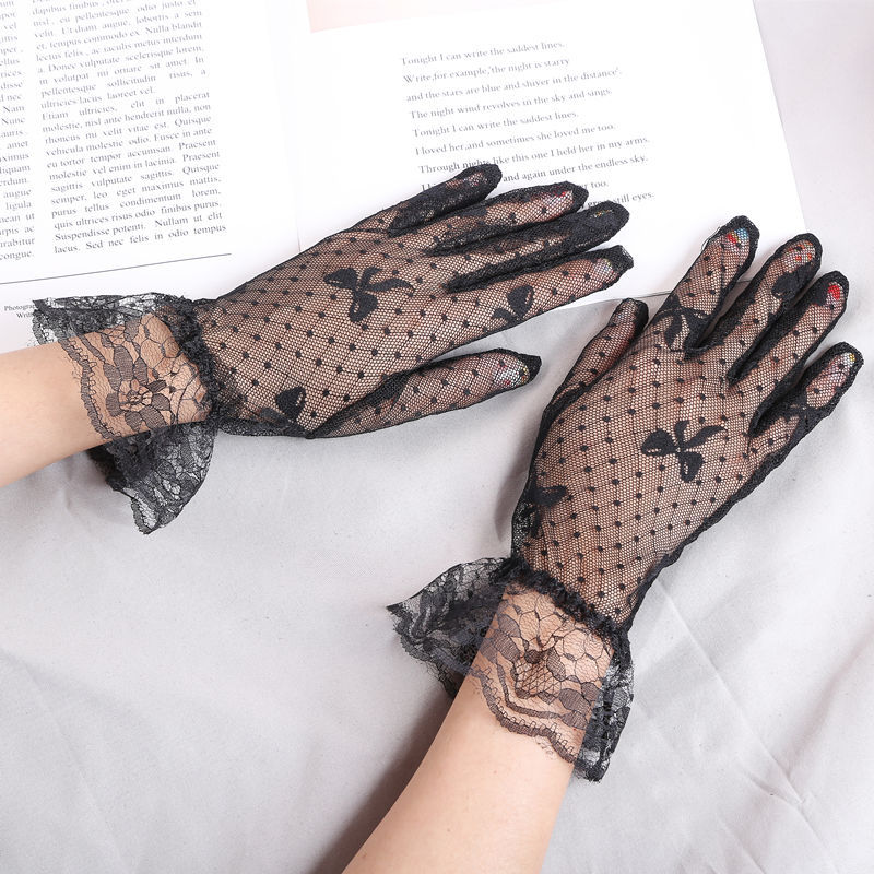 蕾丝手套夏薄款女士性感网纱花边蝴蝶结白色黑色婚纱礼仪新娘