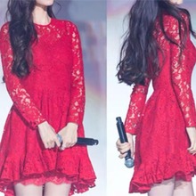 9269杨颖Angelababy同款红色蕾丝百褶公主连衣裙 晚会礼服小红裙