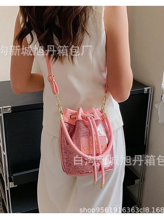 Exclusive for Cross-Border Portable Pull-Belt Bucket Bags Women's 2023 New Southeast Asia Fashion Sequined One-Shoulder Crossbody