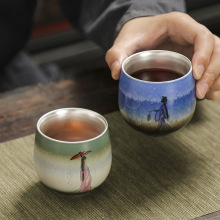 茶具礼品真金鎏金主人单杯对杯窑变仕女图品茗杯茶杯真银鎏银茶杯