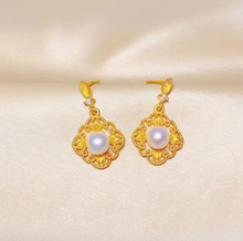 越南沙金珍珠镂空菱形耳环双蝴蝶耳钉女款时尚简约新款气质耳饰