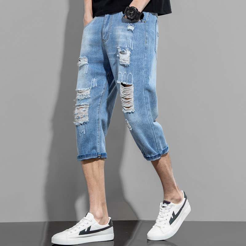 2022春夏季破洞牛仔裤男士直筒裤宽松乞丐裤裤子男裤潮牌休闲七分